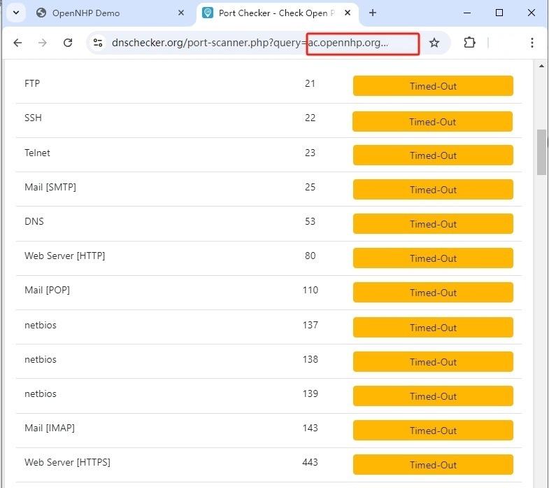 NHP Demo - Port Scanning Returns TIME OUT