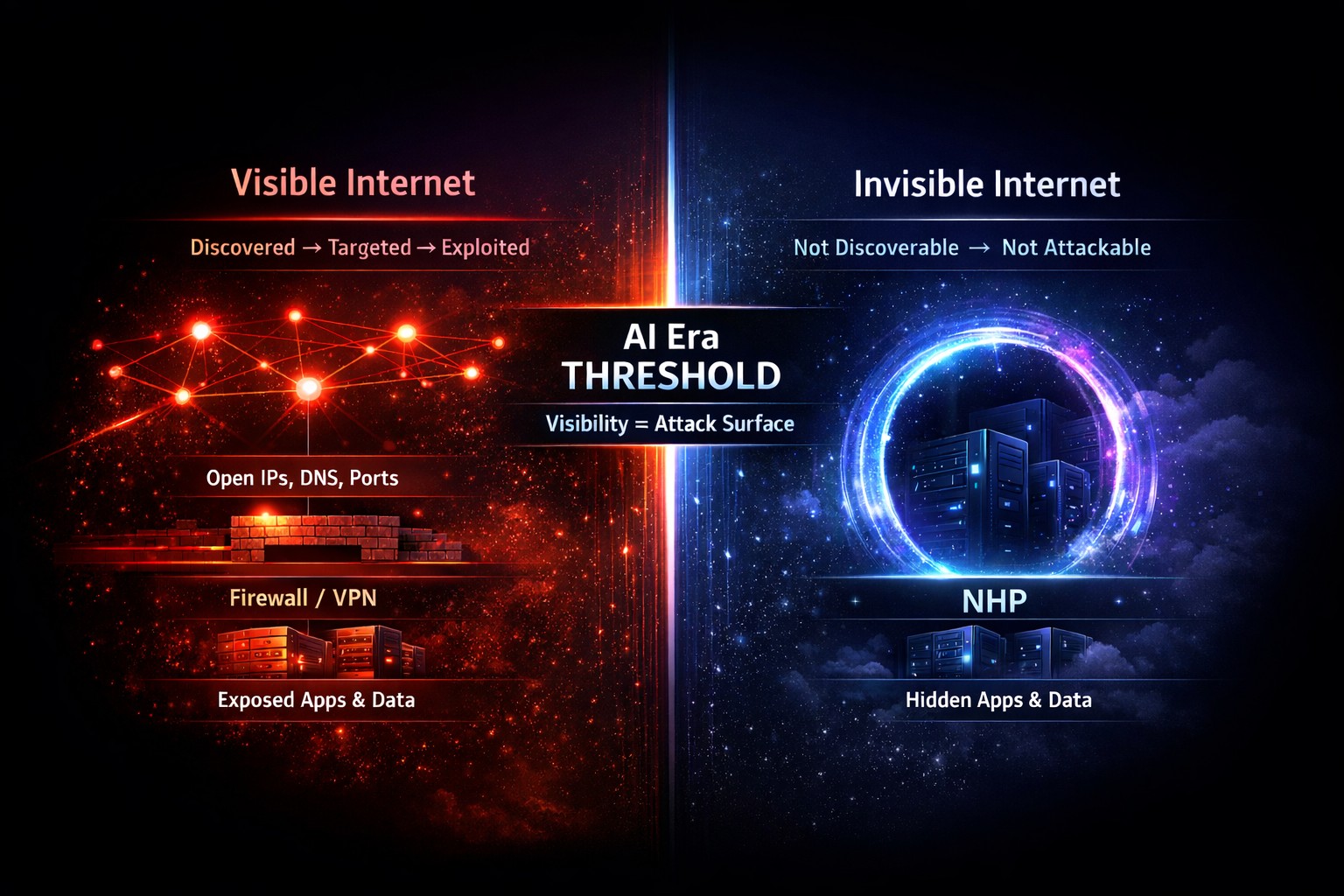 The AI Era Threshold: the Visible Internet is discovered, targeted, and exploited by autonomous AI agents, while the Invisible Internet protected by NHP is not discoverable — and therefore not attackable