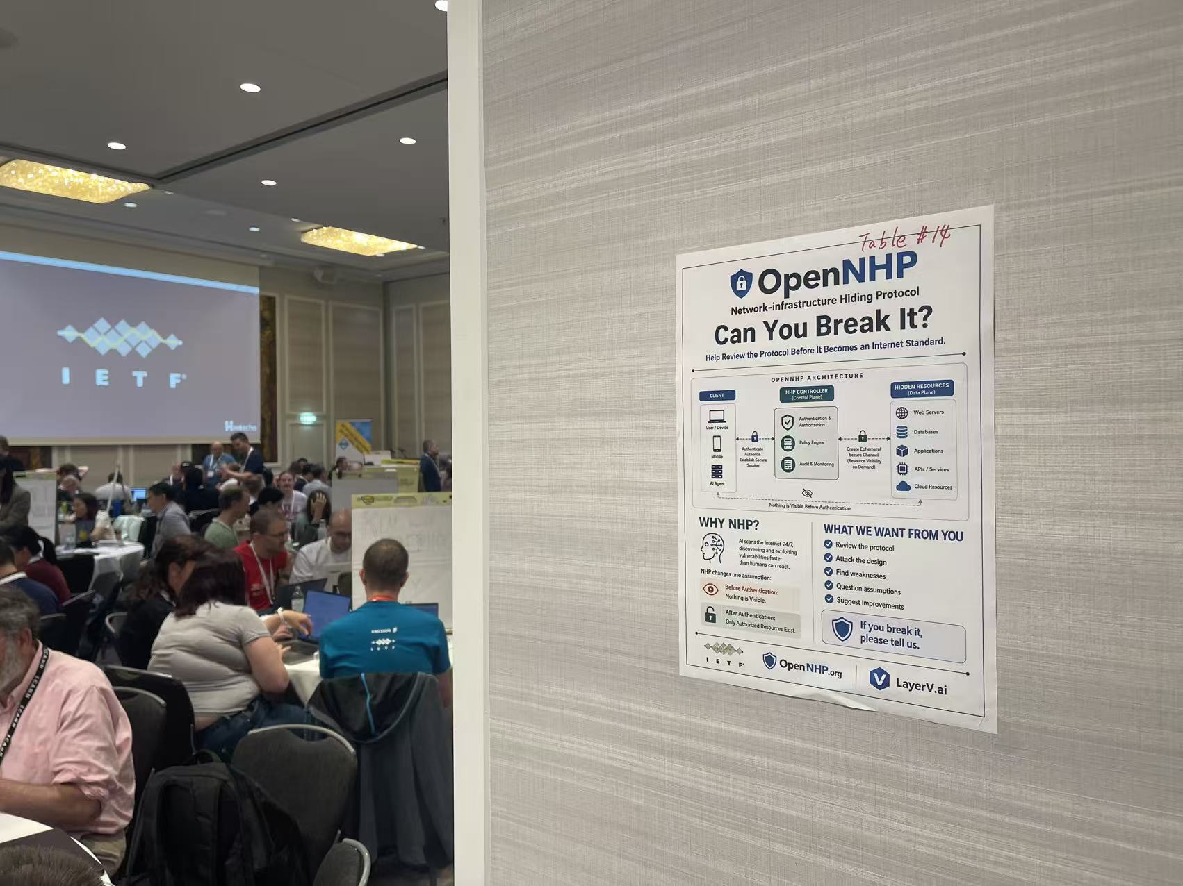 The OpenNHP poster at Table #14, IETF 126 Hackathon.
